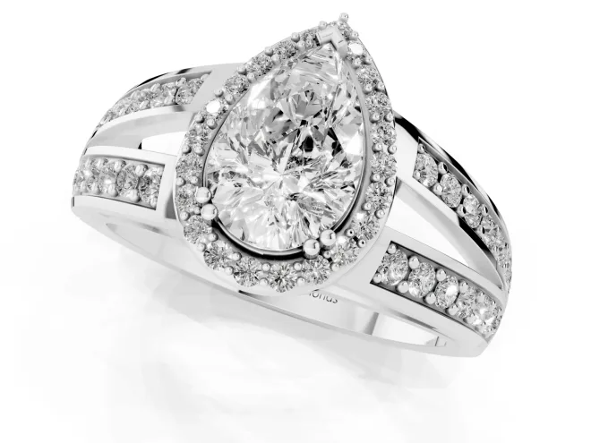 Pear Cut Diamond Halo Ring Set in White gold with Double Pavé Split Shank – second view