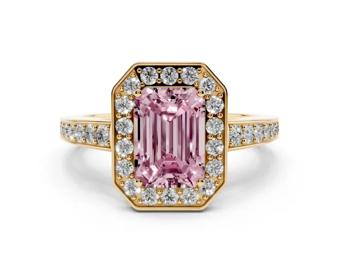 Emerald Cut Framed Halo Engagement Ring Setting for a Fancy Pink Lab-Grown Diamond | Yellow Gold