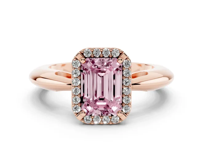 Emerald Cut Halo Engagement Ring Setting for a Fancy Pink Lab-Grown Diamond | Plain Band | Rose Gold