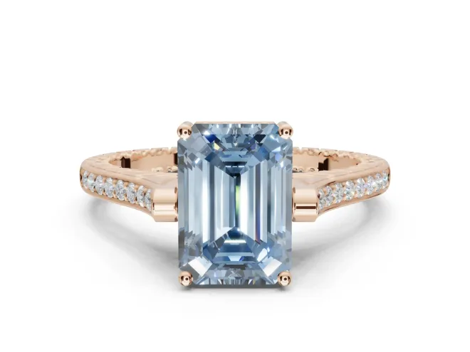 Emerald Cut Vintage Cathedral Engagement Ring Setting for a Fancy Blue Lab-Grown Diamond | Carved Band | Rose Gold
