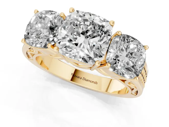 Cushion Cut Diamond Three-Stone Ring Set in Yellow gold with Textured Band – second view