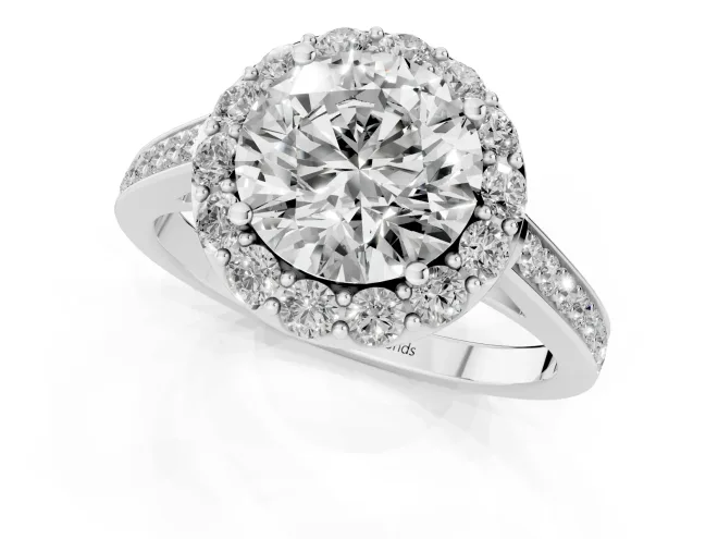 Round Cut Diamond Floral Halo Ring Set in White gold with Pavé Band and Prong Setting – second view