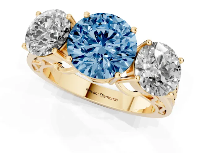 Round Engagement Ring Setting for a Fancy Blue Lab-Grown Diamond | Three Stone | Yellow Gold – second view