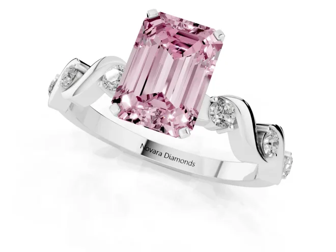 Fancy Pink Emerald Cut Diamond Solitaire Ring Set in White gold with Ribbon Twist Band, Round Accents and Prong Setting – second view