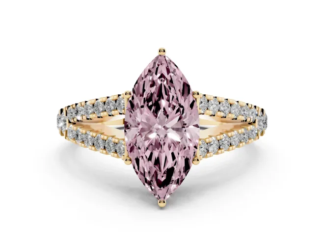 Fancy Pink Marquise Cut Diamond Split Shank Pavé Engagement Ring Set in Yellow gold with Prong-Held Center Stone