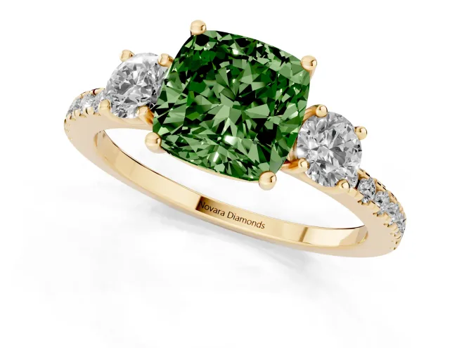 Fancy Green Cushion Cut Diamond Three-Stone Ring Set in Yellow gold with Pavé Band and Graduated Sides – second view