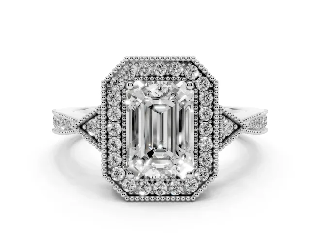 Emerald Cut Vintage Milgrain Halo Engagement Ring Setting | Graduated Pavé Band | White Gold