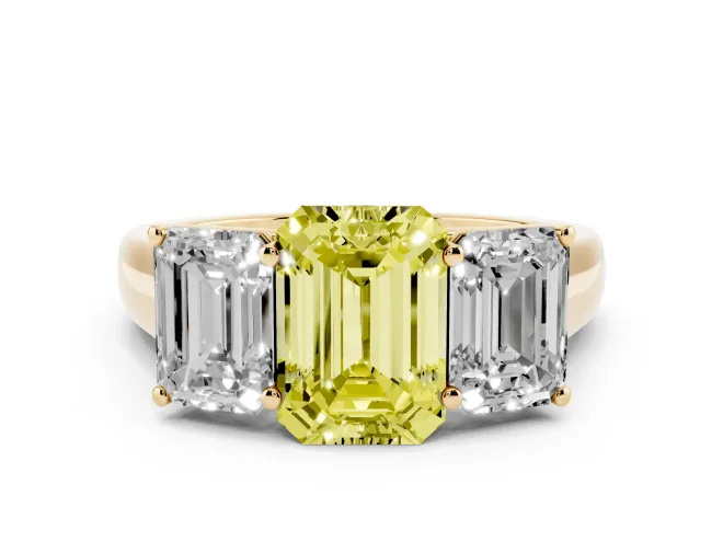 Emerald Cut Three Stone Engagement Ring Setting for a Fancy Yellow Lab-Grown Diamond | Basket Prong Heads | Yellow Gold