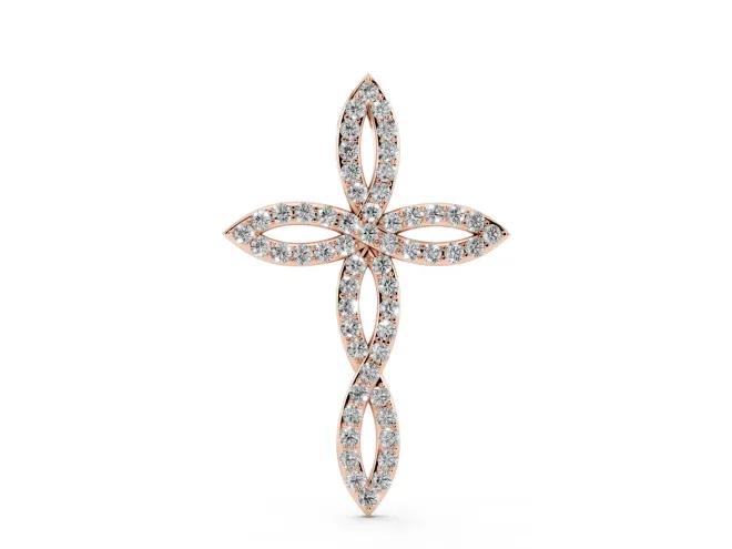 Round Lab-Grown Diamond Pavé Cross Pendant Necklace | Open Marquise Arms | Rose Gold
