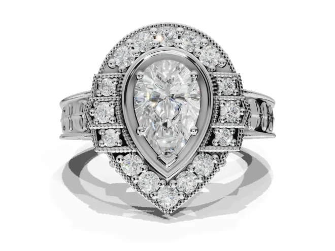 Pear-Shaped Vintage Halo Engagement Ring Setting | Art Deco Side Panels | White Gold