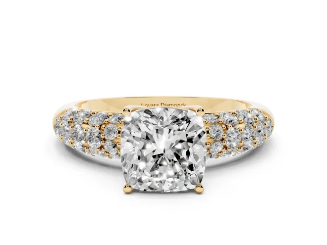 Cushion Cut Multi Row Pavé Solitaire Engagement Ring Setting | Domed Shoulders | Yellow Gold