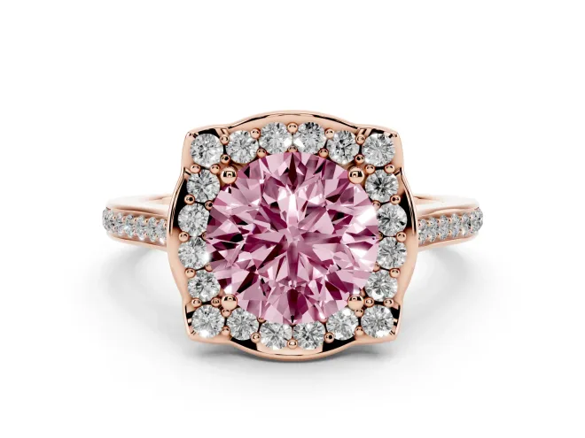 Round Halo Engagement Ring Setting for a Fancy Pink Lab-Grown Diamond | Petal Tips | Rose Gold