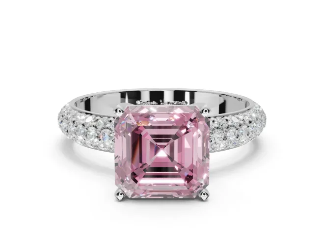 Asscher Cut Domed Pavé Engagement Ring Setting for a Fancy Pink Lab-Grown Diamond | White Gold