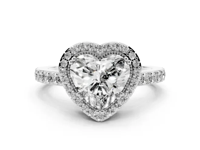 Heart Cut Diamond Halo Engagement Ring Set in White gold with Milgrain Detail and Pavé Band