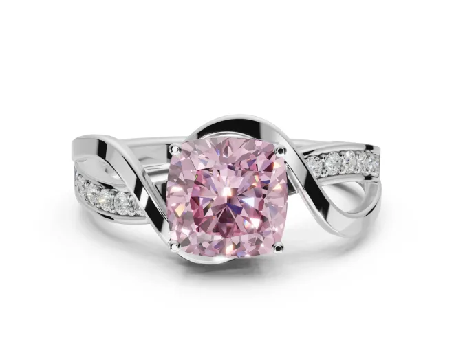 Cushion Cut Bypass Solitaire Engagement Ring Setting for a Fancy Pink Lab-Grown Diamond | Pavé Strands | White Gold