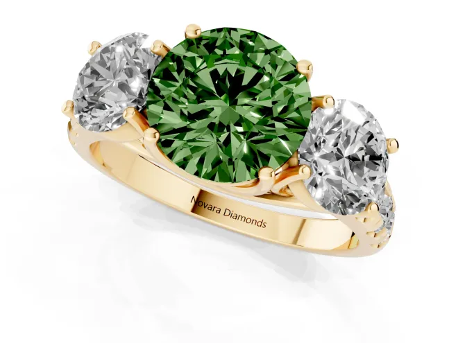 Fancy Green Round Cut Diamond Three-Stone Ring Set in Yellow gold with Pavé Band – second view