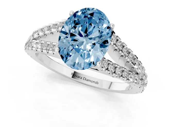 Fancy Blue Oval Cut Diamond Split Shank Pavé Engagement Ring Set in Silver with Prong-Held Center Stone – second view