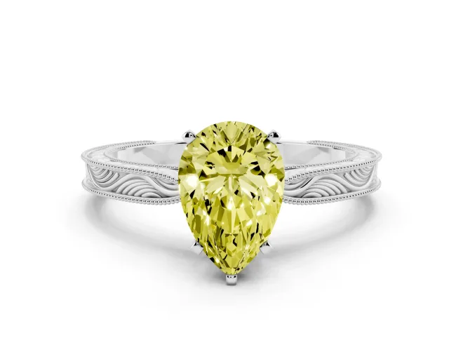 Pear-Shaped Engraved Engagement Ring Setting for a Fancy Yellow Lab-Grown Diamond | Sterling Silver