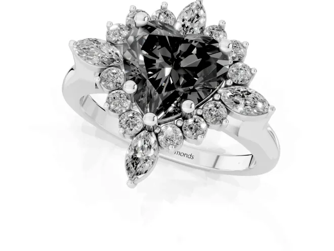 Fancy Black Heart Cut Diamond Cluster Halo Ring Set in Platinum with Marquise and Round Accents – second view