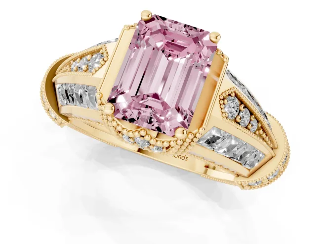 Fancy Pink Emerald Cut Diamond Vintage-Inspired Milgrain Ring Set in Yellow gold with Accent Split Shank – second view