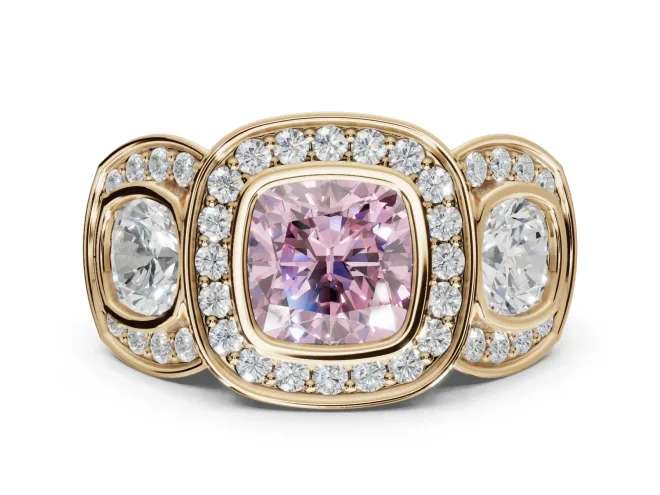 Cushion Cut Three Stone Halo Engagement Ring Setting for a Fancy Pink Lab-Grown Diamond | Bezel Set | Yellow Gold