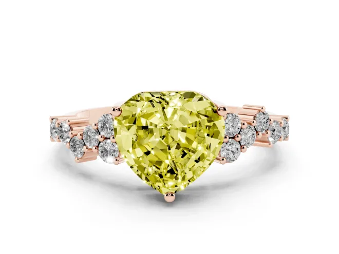 Fancy Yellow Heart Cut Diamond Ring Set in Rose gold with Scattered Round Accents