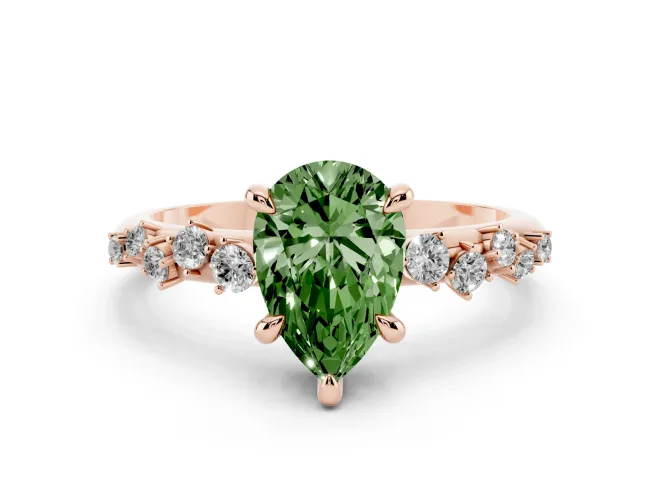 Fancy Green Pear Cut Diamond Solitaire Vine Band Ring Set in Rose gold with Round Accents and Prong Setting