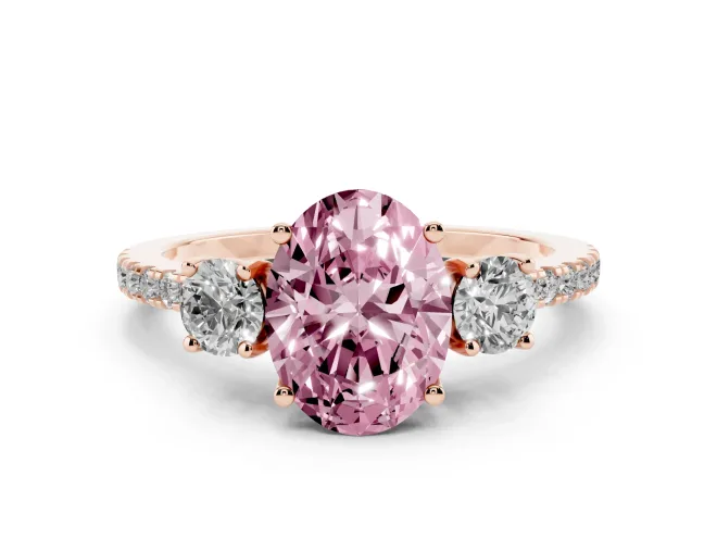 Oval Three Stone Engagement Ring Setting for a Fancy Pink Lab-Grown Diamond | Pavé Shoulders | Rose Gold