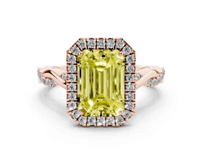 Emerald Cut Twist Halo Engagement Ring Setting for a Fancy Yellow Lab-Grown Diamond | Rose Gold