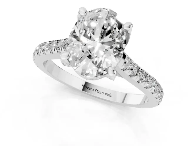 Oval Cut Diamond Solitaire Ring Set in Silver with Brilliant Pavé Band and Prong Setting – second view