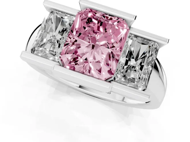 Fancy Pink Radiant Cut Diamond Three-Stone Channel Set Ring Set in Silver with Smooth Polished Band – second view