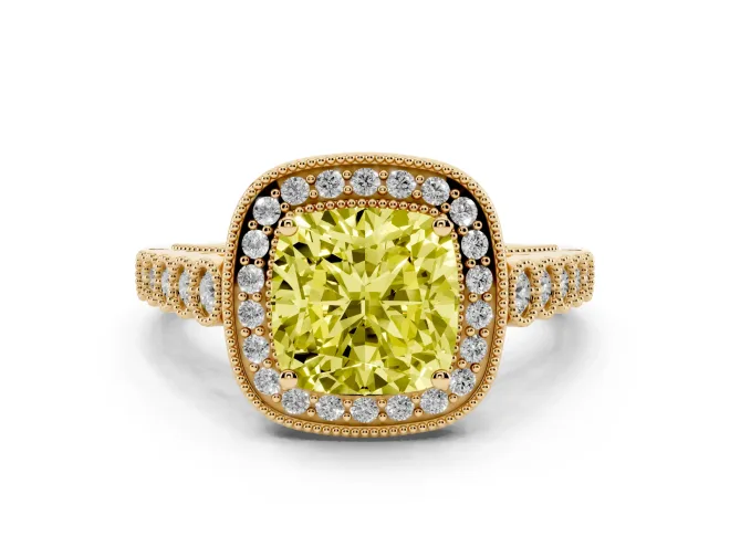 Cushion Cut Graduated Milgrain Halo Engagement Ring Setting for a Fancy Yellow Lab-Grown Diamond | Yellow Gold