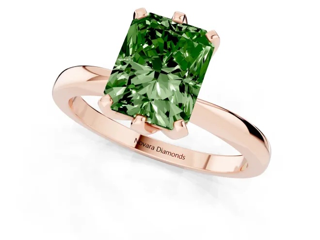 Fancy Green Radiant Cut Diamond Solitaire Engagement Ring Set in Rose gold with Slim Tapered Solitaire Band – second view