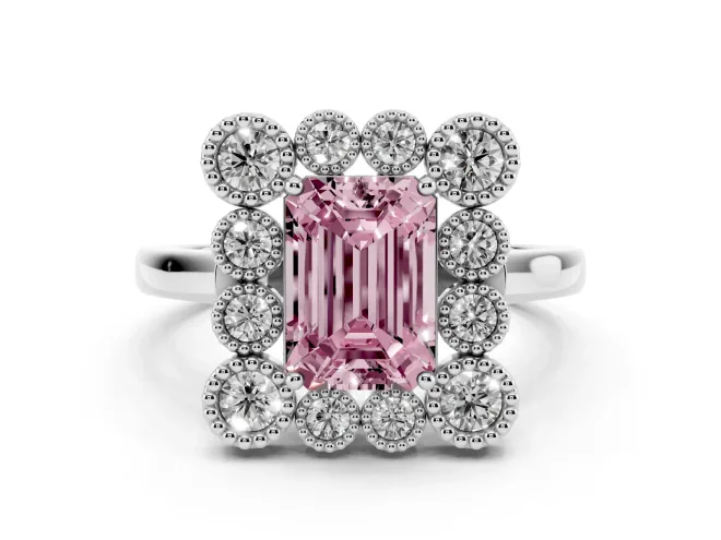Emerald Cut Milgrain Cluster Halo Engagement Ring Setting for a Fancy Pink Lab-Grown Diamond | Plain Band | White Gold