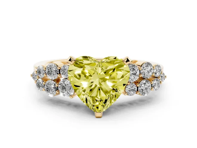 Heart-Shaped Side Stone Engagement Ring Setting for a Fancy Yellow Lab-Grown Diamond | Shoulder Clusters | Yellow Gold