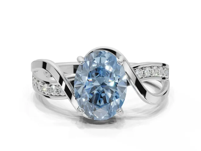 Oval Bypass Solitaire Engagement Ring Setting for a Fancy Blue Lab-Grown Diamond | Pavé and Plain Strands | White Gold