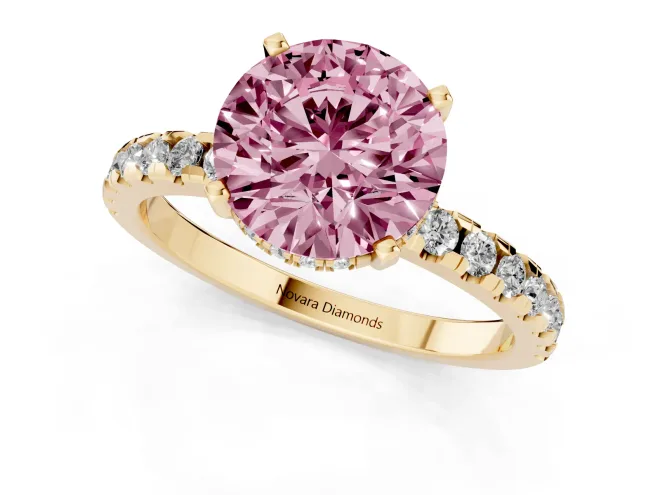 Round Hidden Halo Solitaire Engagement Ring Setting for a Fancy Pink Lab-Grown Diamond | Pave Band | Yellow Gold – second view