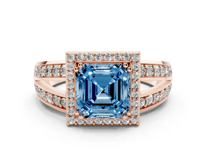 Fancy Blue Asscher Cut Diamond Halo Ring Set in Rose gold with Double Pavé Split Shank