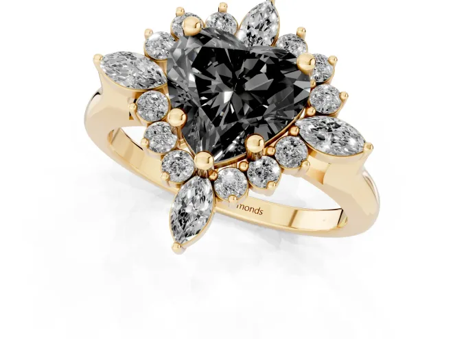 Fancy Black Heart Cut Diamond Cluster Halo Ring Set in Yellow gold with Marquise and Round Accents – second view