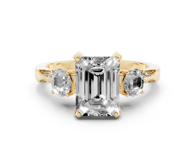 Emerald Cut Hidden Halo Three Stone Engagement Ring Setting for a Fancy Blue Lab-Grown Diamond | Yellow Gold