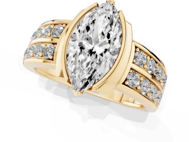 Marquise Cut Diamond Wide Channel Set Band Ring Set in Yellow gold with Bezel Setting – second view
