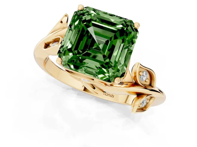 Fancy Green Asscher Cut Diamond Solitaire Twist Engagement Ring Set in Yellow gold with Pavé Leaf Accents – second view