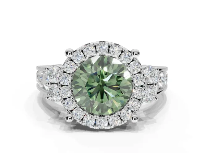Round Halo Engagement Ring Setting for a Fancy Green Lab-Grown Diamond | Side Clusters | White Gold