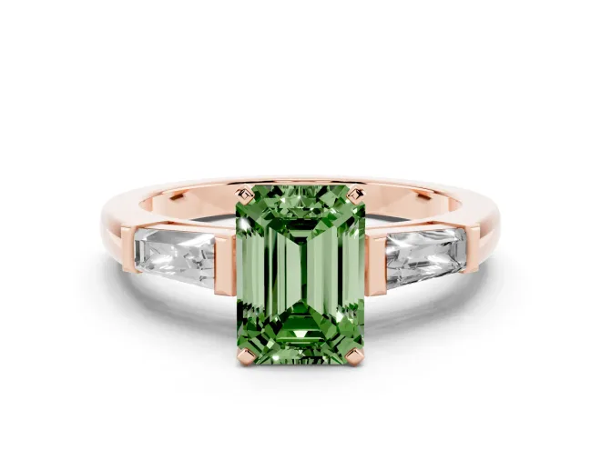 Emerald Cut Three Stone Engagement Ring Setting for a Fancy Green Lab-Grown Diamond | Tapered Baguettes | Rose Gold