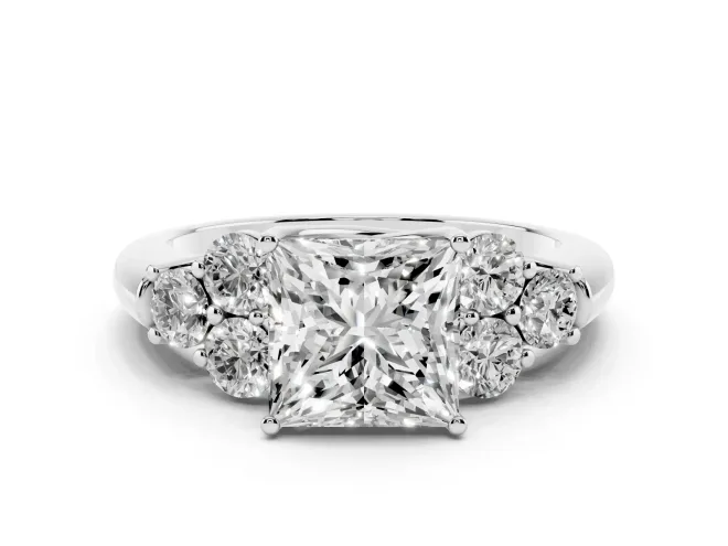 Princess Cut Side Stone Engagement Ring Setting | Triangle Side Clusters | White Gold