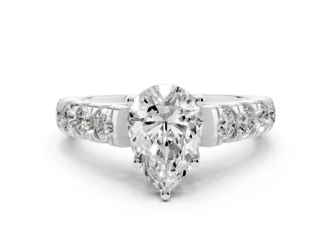 Pear Cut Diamond Solitaire Ring Set in Platinum with Cut-Down Micro Pavé Band and Prong Setting