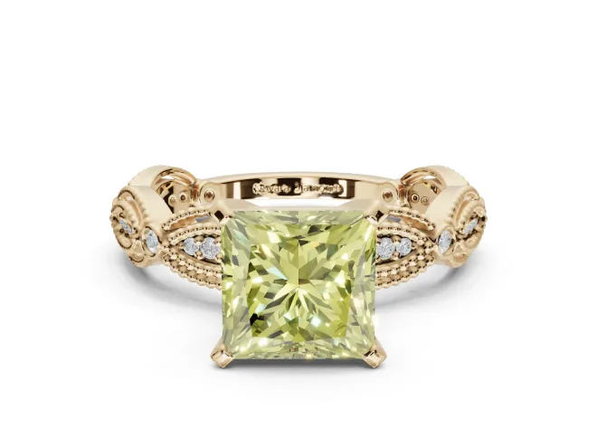Princess Cut Vintage Engagement Ring Setting for a Fancy Yellow Lab-Grown Diamond | Graduated Stations | Yellow Gold