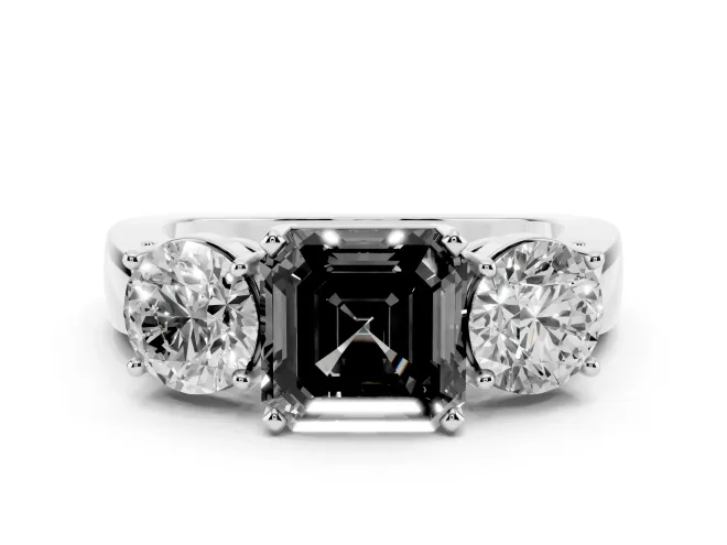 Fancy Black Asscher Cut Diamond Three-Stone Ring Set in Silver with Round Side Stones and Classic Band