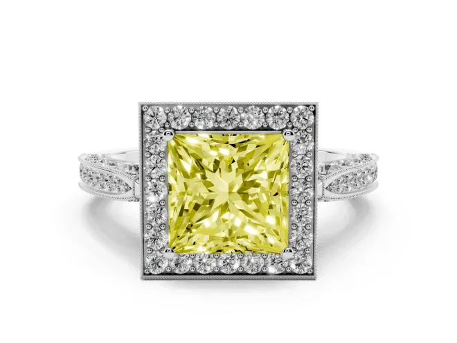 Fancy Yellow Princess Cut Diamond Halo Engagement Ring Set in Platinum with Accent Split Shank Band