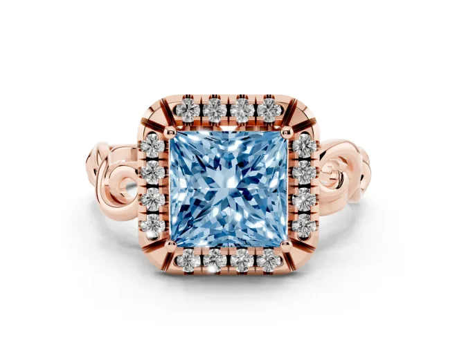 Princess Cut Filigree Halo Engagement Ring Setting for a Fancy Blue Lab-Grown Diamond | Rose Gold